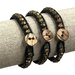 STACKABLE LEATHER & BRASS WRAP BRACELETS (3)